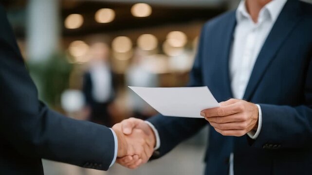 167Close-up of hands exchanging documents in a modern office setting, blurred coworkers discussing in background, soft warm lighting, leadership, cooperation, and professional collabo