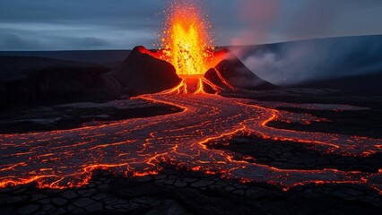 Dramatic volcanic eruption with molten lava flowing across the landscape at dusk