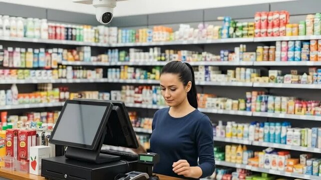 Woman adjusting security camera in modern retail store with a focus on technology and safety
