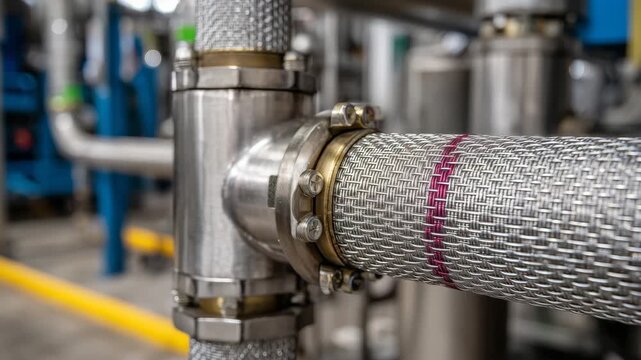 240Macro view of metal mesh hose and clamps, intricate weaving of stainless steel strands visible, bolts and fittings sharply detailed, background showing blurred pipes and machinery
