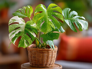Monstera Deliciosa Plant in Wicker Basket - Lush Greenery and Variegated Leaves.
