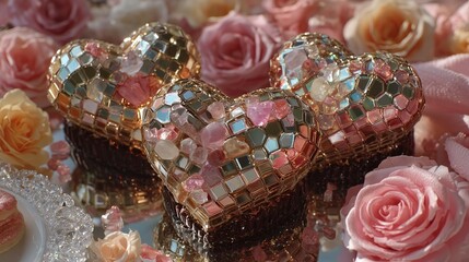 Valentine's Day Flat Lay Gifts with Mirror Heart Ornaments