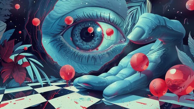 Blue eye watching over surreal landscape of red orbs video LoFi animation. Checkerboard floor with large hand. Animated Lo-Fi aesthetic 4K motion graphics with floating dust particles