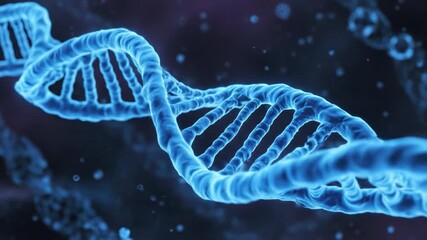 Blue glowing DNA helix strand close up with molecular particles creating futuristic scientific atmosphere, blue DNA helix structure close up laboratory style with glowing double helix conveying - Powered by Adobe
