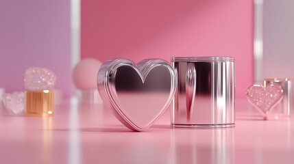 Valentine's Day Flat Lay With Chrome Heart And Gift