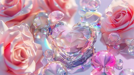 Valentine's Day Flat Lay With Crystal Heart And Pink Roses