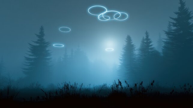 Mysterious forest scene with glowing circular shapes and fog