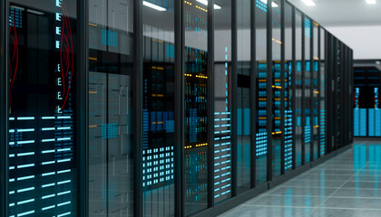 3D glowing server wall with active tech interface