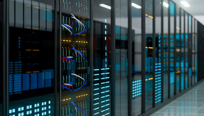 3D server rack detail showing colored wiring layout