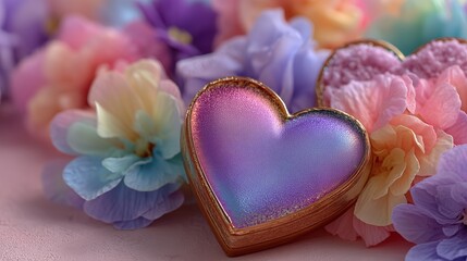 Heart Shaped Gift Box and Pastel Flowers Valentine's Day Flat Lay