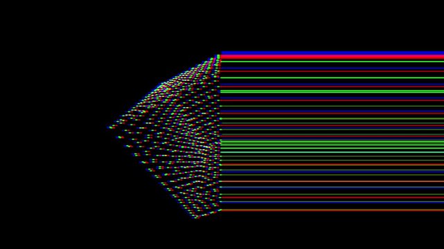 Pixel art style 3d cube shape spinning animation with distorted lines and glitch effects