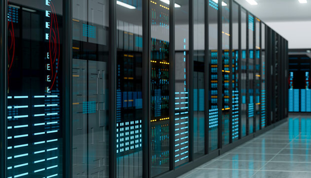 3D glowing server wall with active tech interface