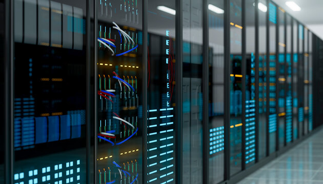 3D server rack detail showing colored wiring layout