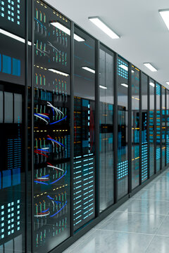 3D vertical view of active digital server racks