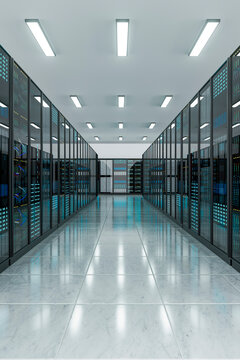 3D corridor with tech lighting and glass server walls