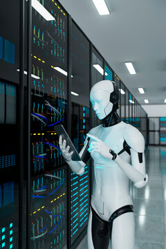 3D humanoid robot accessing tablet inside server room