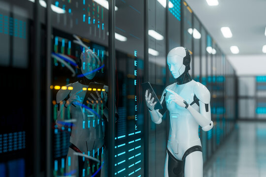 3D robot interacting with data system interface screen