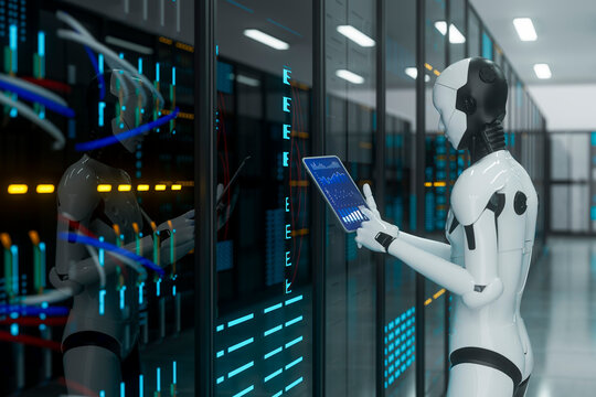 3D AI robot technician monitoring digital server panels