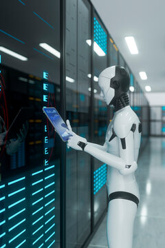 3D robotic entity analyzing data inside server room