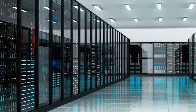 3D futuristic hallway inside high-tech server center