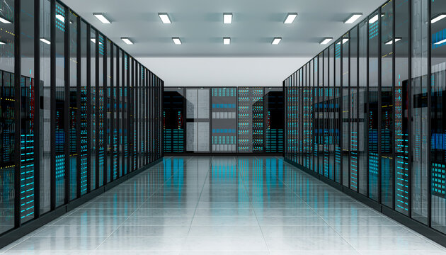 3D data center corridor with futuristic server racks