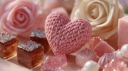 Romantic Valentine's Day Flat Lay with Pink Crochet Heart