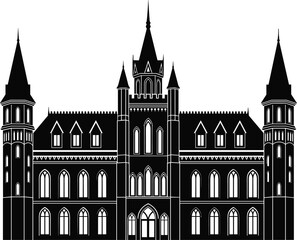 Obraz premium Black and white silhouette of a gothic revival castle building with pointed arches towers and spires isolated on white background