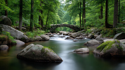Serene Forest Stream - Stone Bridge and Lush Greenery.