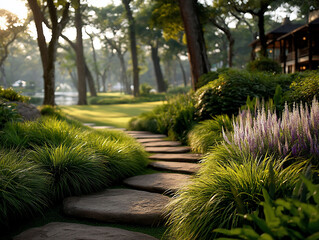 Serene Garden Path Leading Through Lush Greenery and Trees.