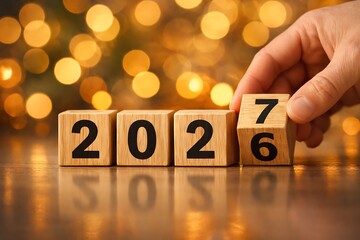 hand turning wooden block to show new year date changing to 2026 from 2025 high quality professional detailed modern