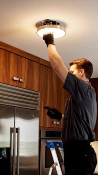 A skilled technician carefully installs a modern ceiling light fixture in a stylish kitchen, ensuring proper wiring for optimal lighting and functionality.