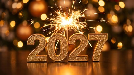 golden 2027 new year celebration with sparkler and christmas tree lights background high quality professional detailed modern elegant stylish