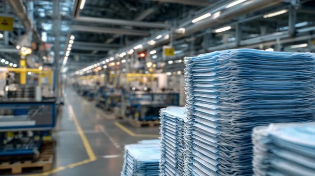 269Perspective view of respirator racks, multiple levels of masks neatly aligned, factory pipelines and equipment blurred in background, textures of mask filters and straps highlighte