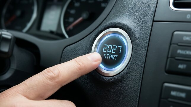 Close up of finger pressing car ignition button with digital display showing 2027 start date high quality professional detailed - Powered by Adobe