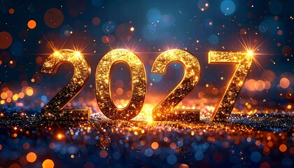 glowing golden numbers twenty twenty seven shining brightly on a dark background with sparks high quality professional detailed modern