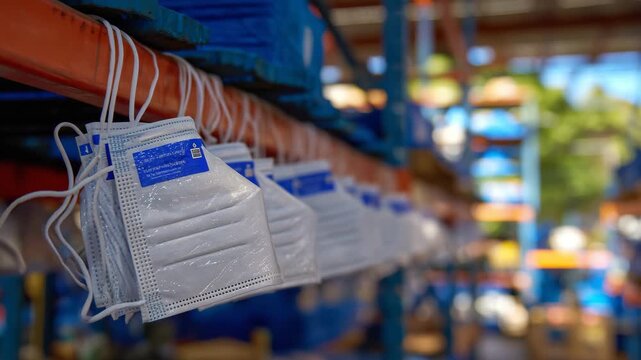 274Organized PPE storage close-up, respirators hanging in assigned slots, clear labels visible, industrial plant environment softly blurred, light reflecting off masks and metal racks