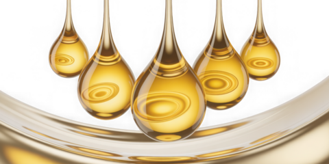  Gold liquid drops of oil or collagen serum isolated 3d render icon set. Yellow fluid cosmetic spheres, vitamin essence or hyaluronic acid bubbles, clear beauty skincare product balls. 3D