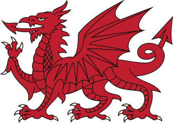Red Welsh Dragon Illustration, National Symbol of Wales, Y Ddraig Goch Vector