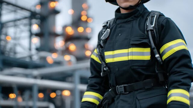 280Close-up macro of fire-resistant suit and SCBA, textured flame-retardant fabric visible, metallic buckles and air cylinders highlighted, blurred industrial pipelines in the backgro