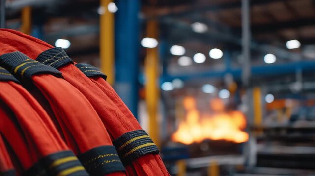 283Macro perspective of firefighting PPE, hoses, straps, and SCBA cylinder close-up, flame-resistant fabric folds visible, industrial plant machinery softly out of focus