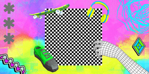 Modern Psychedelic Collage: Geometric Abstraction and Rave Nightlife Vibes.