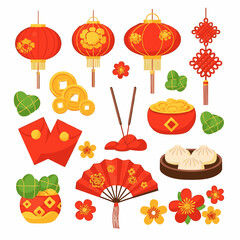 Colorful flat lay of various Chinese New Year decorations and symbols, including lanterns, dumplings, and red envelopes, on a white background.