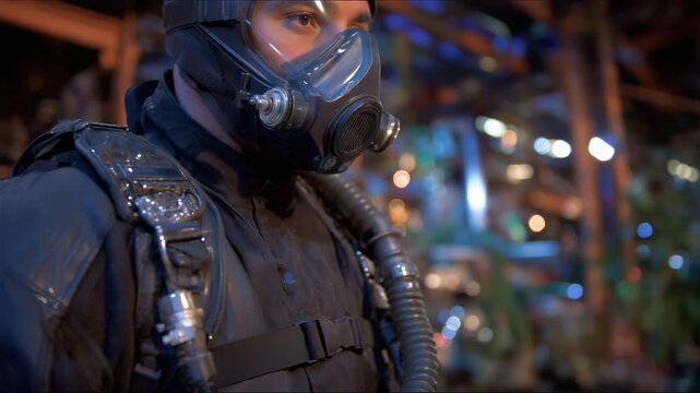 286Close-up of SCBA face mask and air cylinder, flame-retardant suit partially visible, metallic and rubber components detailed, industrial plant lighting creating soft reflections