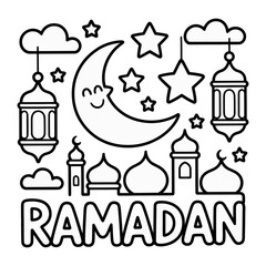 Obraz premium Ramadan Celebration: Illustration of the word Ramadan is the centerpiece. A crescent moon and stars, together with traditional lanterns, mosques and clouds.