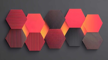 Geometric hexagon tile pattern with striped textures in warm red and orange gradient on dark background