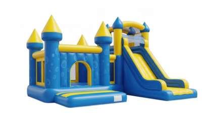 Blue inflatable bouncy castle with slide isolated on transparent background