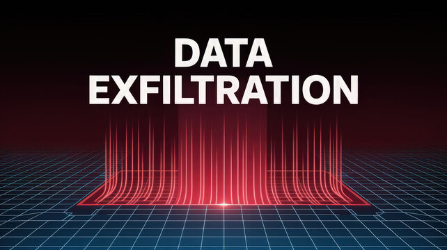 Data Exfiltration: A captivating visual representation of data exfiltration, featuring an abstract display of the words Data Exfiltration emanating from a red structure.