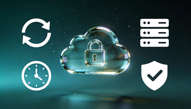 cloud security concept with liquid glass cloud and padlock surrounded by backup server and shield icons for encrypted storage privacy and safe data protection
