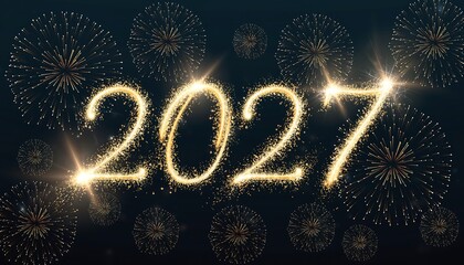 sparkling fireworks display the year twenty twenty seven in gold against a dark background high quality professional detailed modern