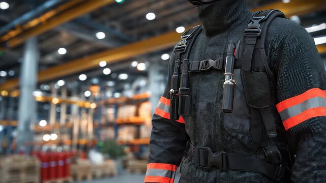 291Detailed macro of SCBA backpack and fire suit, fabric weave and cylinder gauges clearly visible, reflective surfaces catching soft light, industrial plant context suggested in back